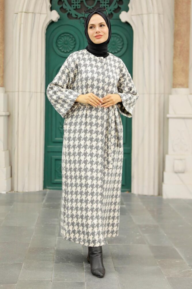Neva Style - Ekoseli Gri Tesettür Kaşe Kap 5663GR - 2