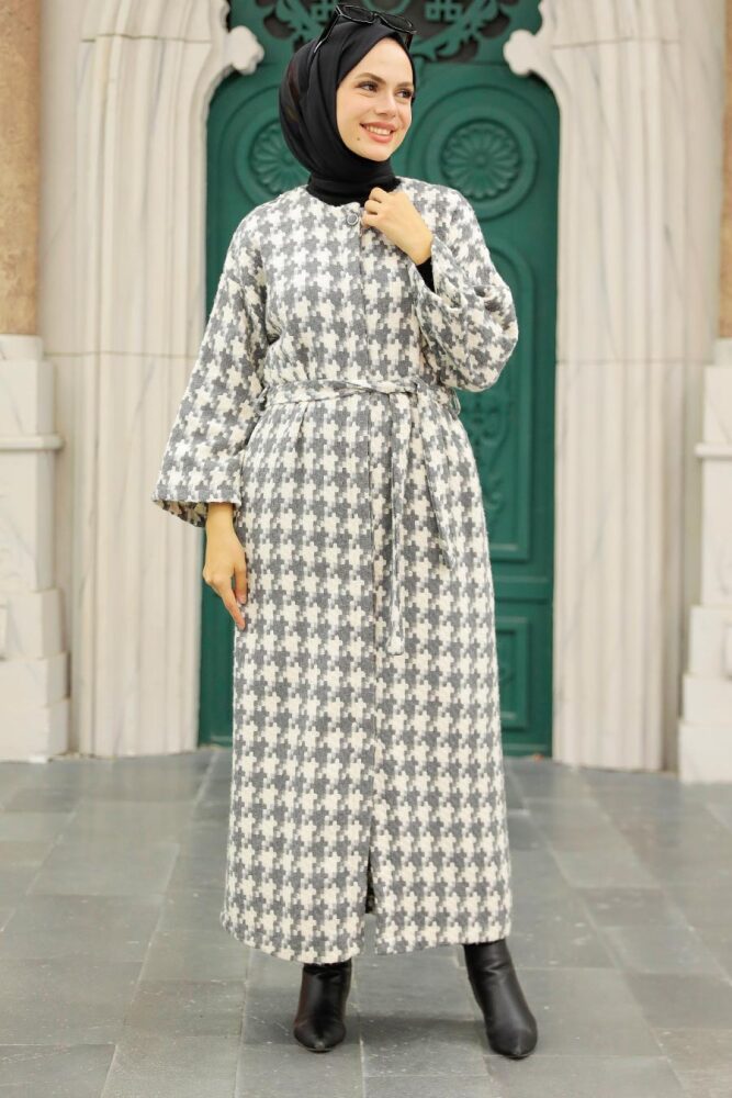 Neva Style - Ekoseli Gri Tesettür Kaşe Kap 5663GR - 1