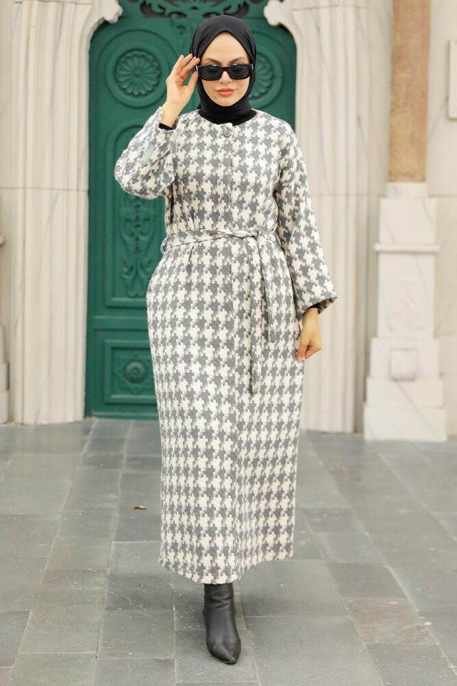 Neva Style - Ekoseli Gri Tesettür Kaşe Kap 5663GR - 3