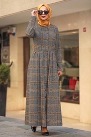 Neva Style - Ekoseli Hardal Tesettür Elbise 75901HR - Thumbnail
