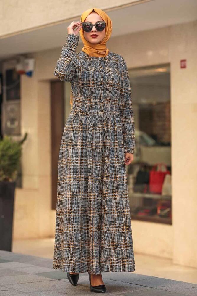Neva Style - Ekoseli Hardal Tesettür Elbise 75901HR - 1