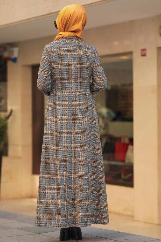 Neva Style - Ekoseli Hardal Tesettür Elbise 75901HR - 2