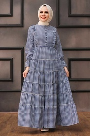 Neva Style - Ekoseli İndigo Mavisi Tesettür Elbise 2709IM - Thumbnail