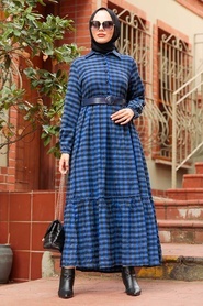 Neva Style - Ekoseli İndigo Mavisi Tesettür Elbise 43280IM - Thumbnail