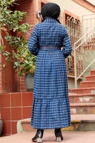 Neva Style - Ekoseli İndigo Mavisi Tesettür Elbise 43280IM - Thumbnail