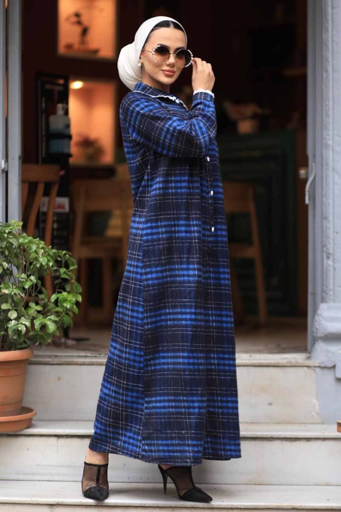 Neva Style - Ekoseli İndigo Mavisi Tesettür Elbise 4681IM - 1