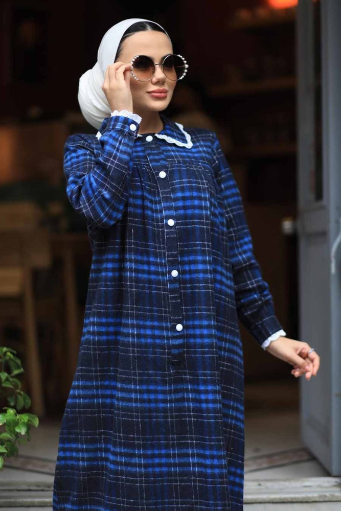 Neva Style - Ekoseli İndigo Mavisi Tesettür Elbise 4681IM - 2
