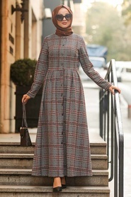 Neva Style - Ekoseli Kiremit Tesettür Elbise 75901KRMT - Thumbnail