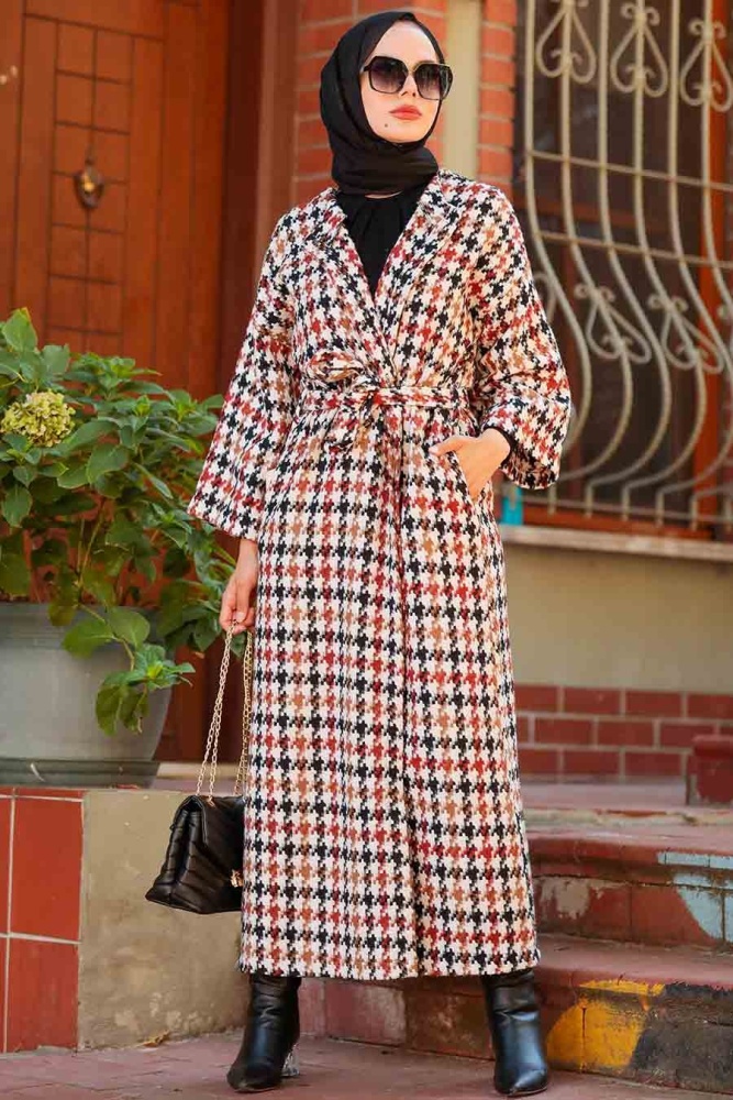 Neva Style - Ekoseli Kiremit Tesettür Kaşe Kap 5663KRMT - 2