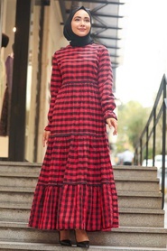 Neva Style - Ekoseli Kırmızı Tesettür Elbise 4326K - Thumbnail