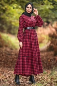 Neva Style - Ekoseli Kırmızı Tesettür Elbise 43280K - Thumbnail