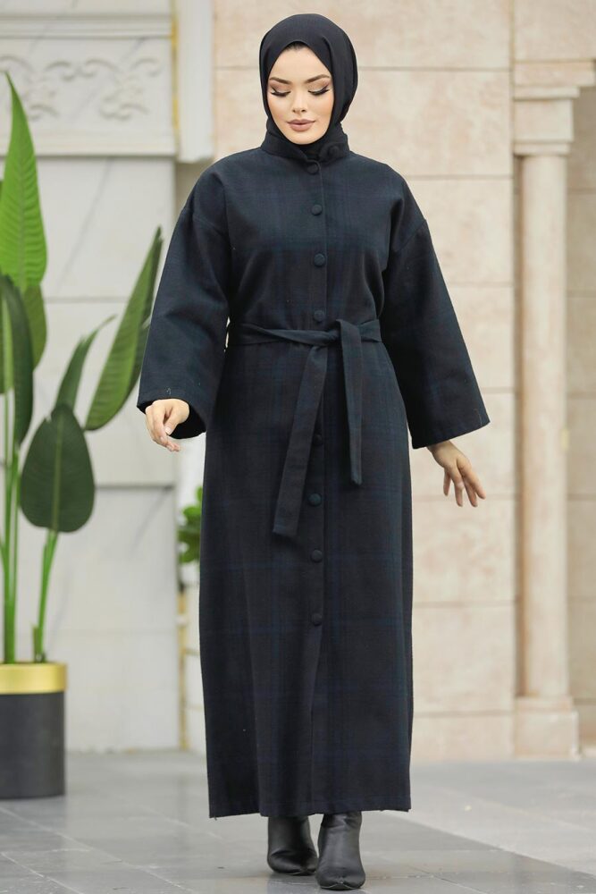 Neva Style - Ekoseli Koyu Lacivert Tesettür Kaşe Kap 5945KL - NEVA STYLE