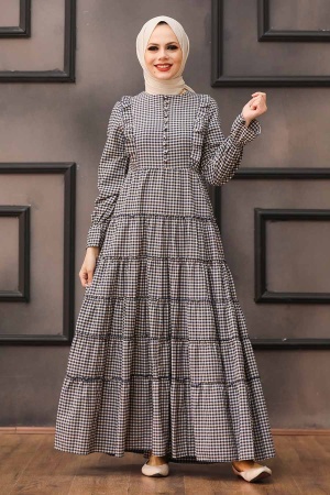 Neva Style - Ekoseli Lacivert Tesettür Elbise 2709L - 1