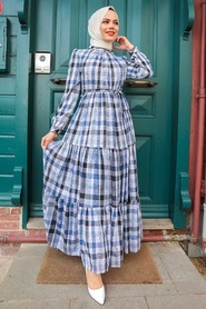 Neva Style - Ekoseli Lacivert Tesettür Elbise 2710L - Thumbnail