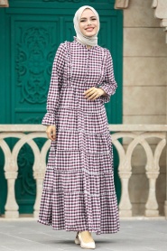 Neva Style - Ekoseli Mürdüm Tesettür Elbise 27090MU - Thumbnail