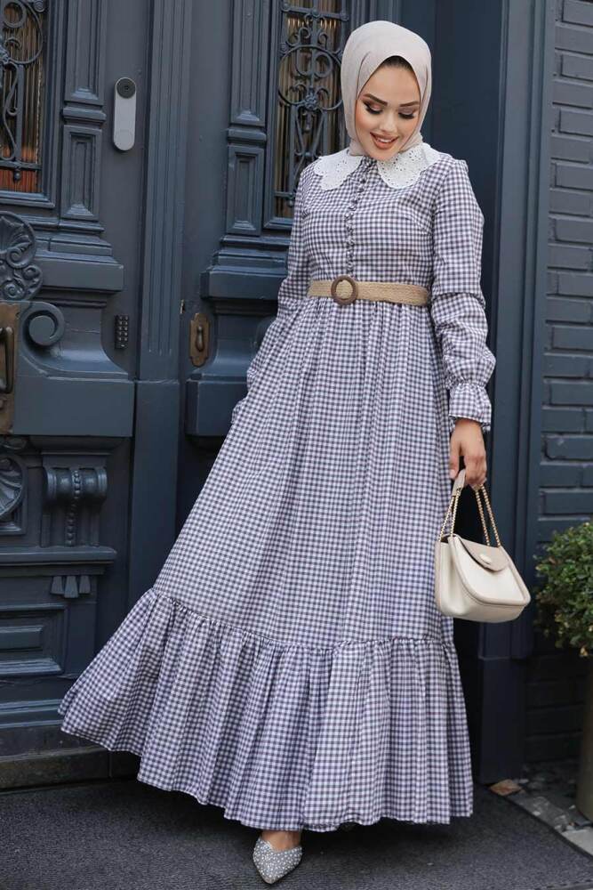 Neva Style - Ekoseli Mürdüm Tesettür Elbise 2711MU - 1