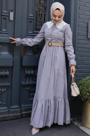 Neva Style - Ekoseli Mürdüm Tesettür Elbise 2711MU - 2