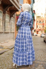 Neva Style - Ekoseli Sax Mavisi Tesettür Elbise 27101SX - Thumbnail