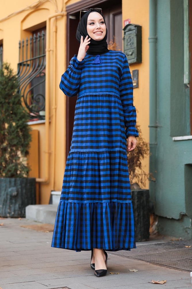 Neva Style - Ekoseli Sax Mavisi Tesettür Elbise 4326SX - 3