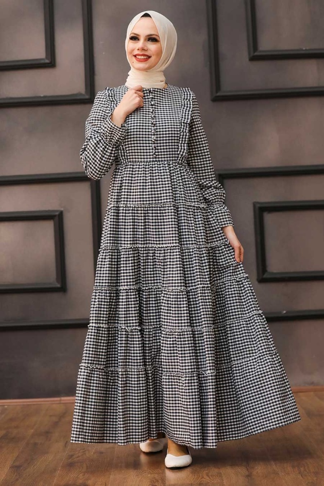 Neva Style - Ekoseli Siyah Tesettür Elbise 2709S - 1