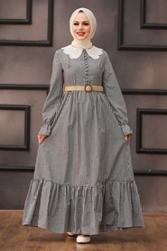 Neva Style - Ekoseli Siyah Tesettür Elbise 2711S - Thumbnail