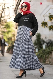 Neva Style - Ekoseli Siyah Tesettür Elbise 41020S - Thumbnail