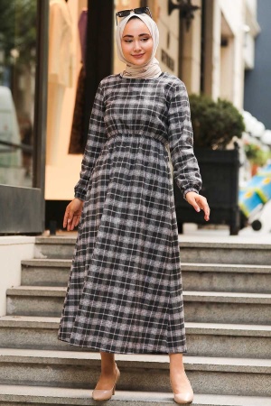 Neva Style - Ekoseli Siyah Tesettür Elbise 497S - 1