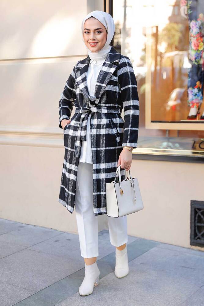 Neva Style - Ekoseli Siyah Tesettür Kaşe Kap 10058S - NEVA STYLE