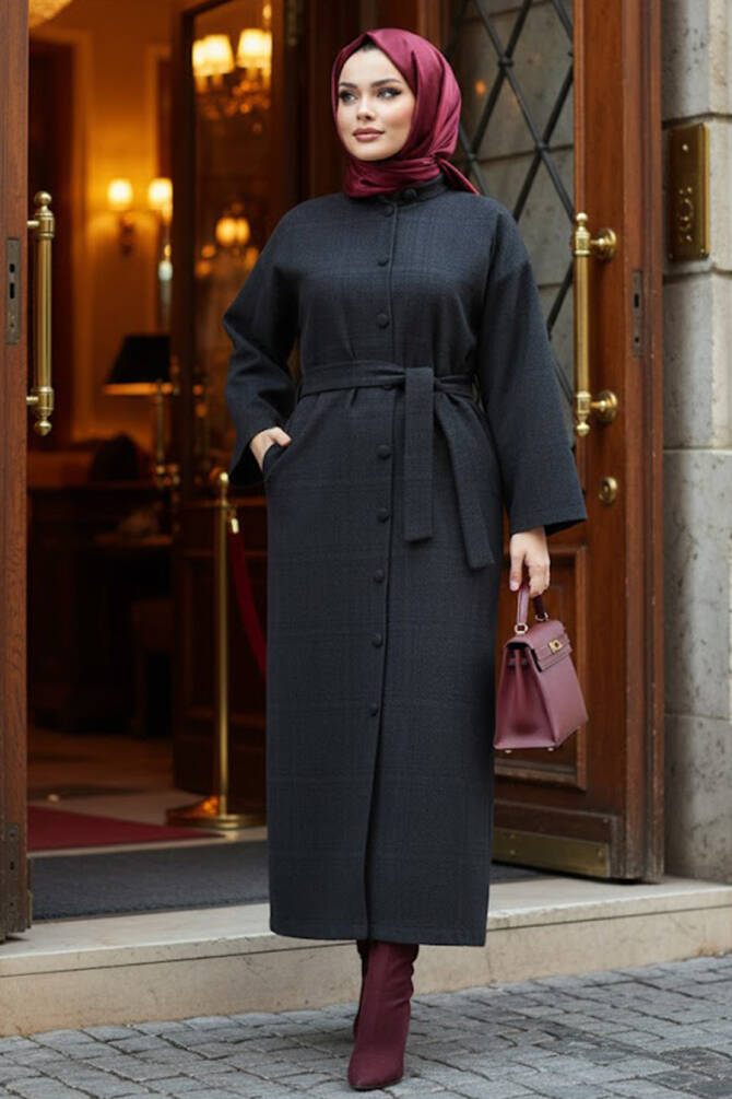  Ekoseli Siyah Tesettür Kaşe Kap 5945S - 1