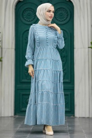 Neva Style - Ekoseli Turkuaz Tesettür Elbise 2709TR - Thumbnail