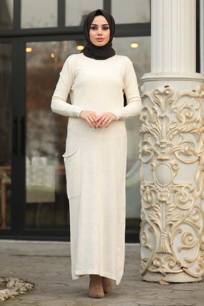 Neva Style - Ekru Tesettür Triko Elbise 15369E - 2