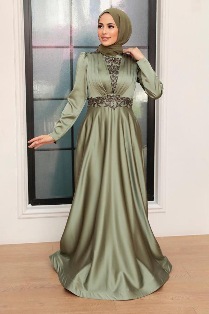 Neva Style - Elegant Almond Green Hijab Engagement Gown 22221CY - 1