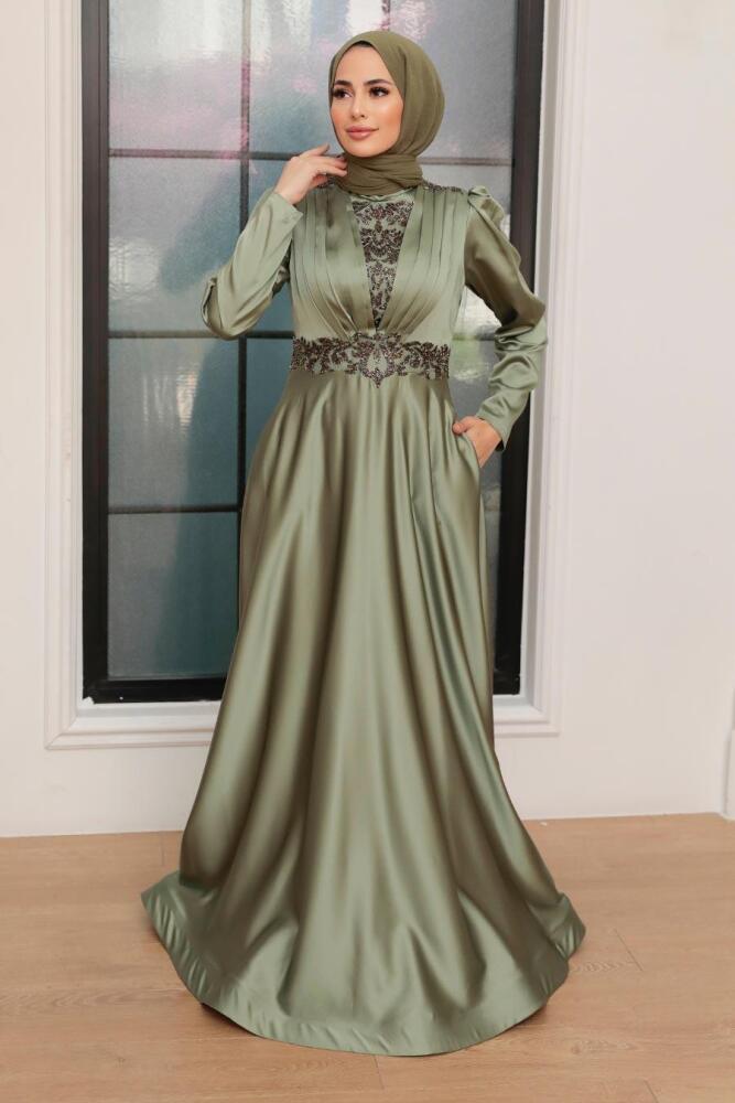 Neva Style - Elegant Almond Green Hijab Engagement Gown 22221CY - 2