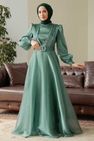 Neva Style - Elegant Almond Green Hijab Evening Dress 36831CY - Thumbnail