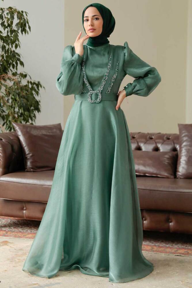 Neva Style - Elegant Almond Green Hijab Evening Dress 36831CY - 3