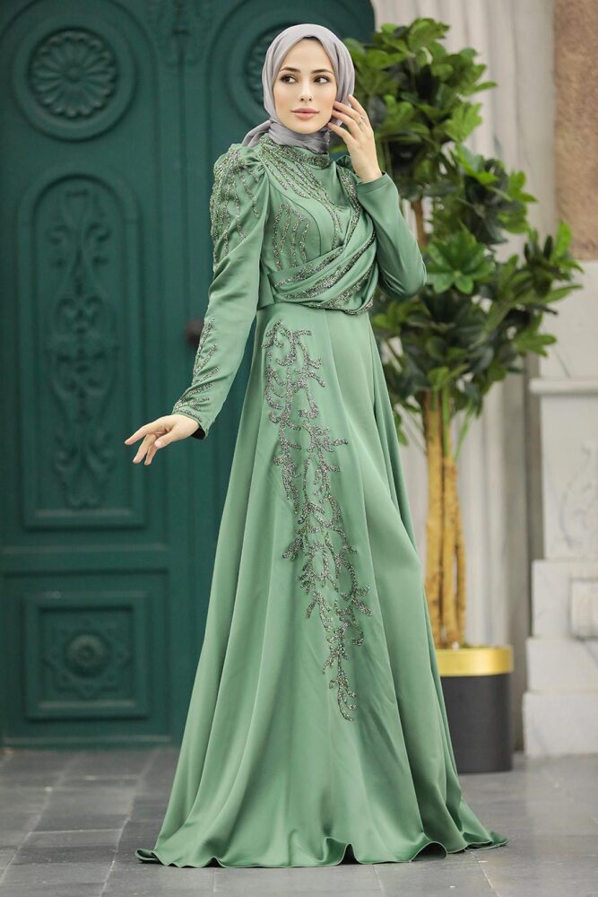 Elegant Almond Green Muslim Fashion Wedding Dress 40641CY - 3