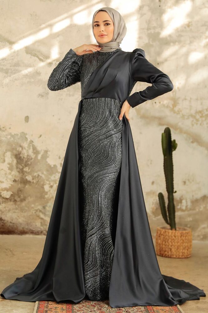 Neva Style - Elegant Anthracite Islamic Clothing Evening Gown 22924ANT - 3