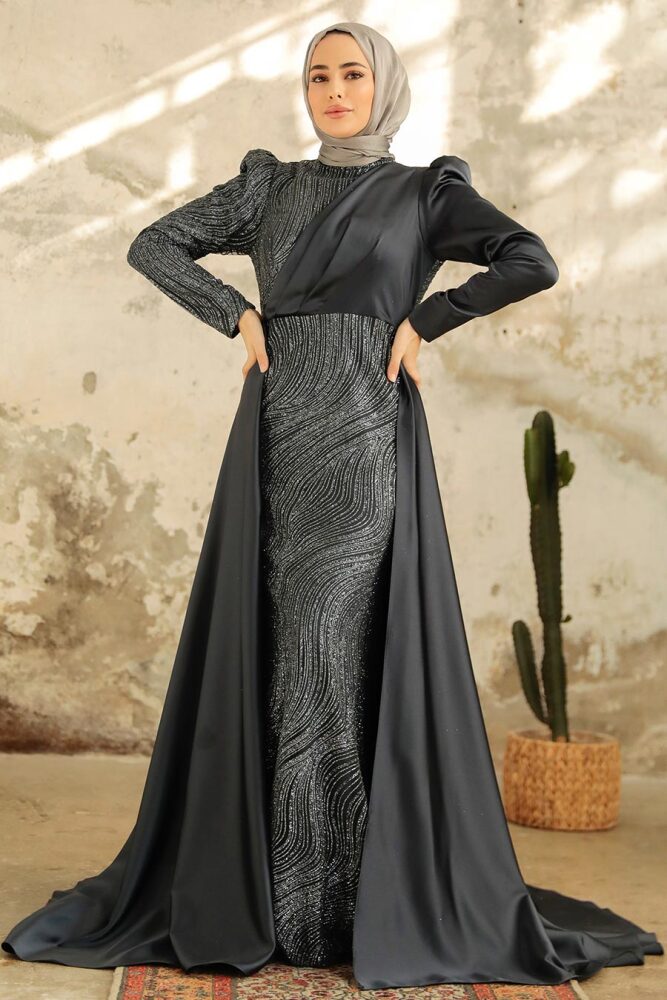 Neva Style - Elegant Anthracite Islamic Clothing Evening Gown 22924ANT - 2