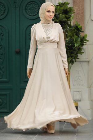 Neva Style - Elegant Beige Muslim Engagement Dress 39011BEJ - Thumbnail