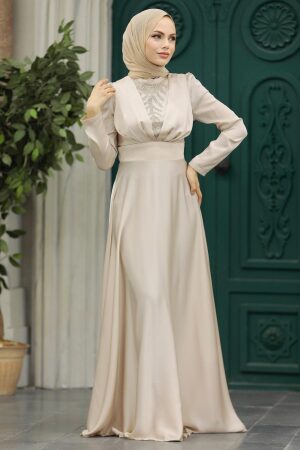 Neva Style - Elegant Beige Muslim Engagement Dress 39011BEJ - Thumbnail