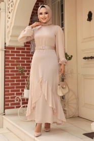 Neva Style - Elegant Beige Muslim Fashion Evening Dress 4566BEJ - Thumbnail