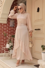 Neva Style - Elegant Beige Muslim Fashion Evening Dress 4566BEJ - Thumbnail