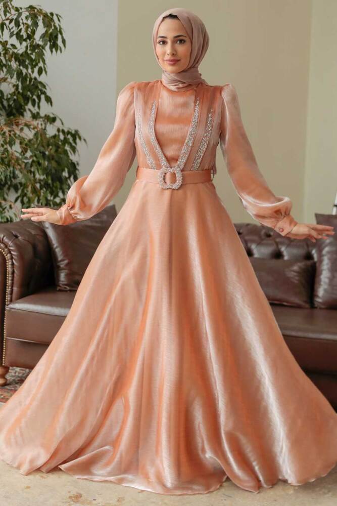 Neva Style - Elegant Biscuit Hijab Evening Dress 36831BS - 1