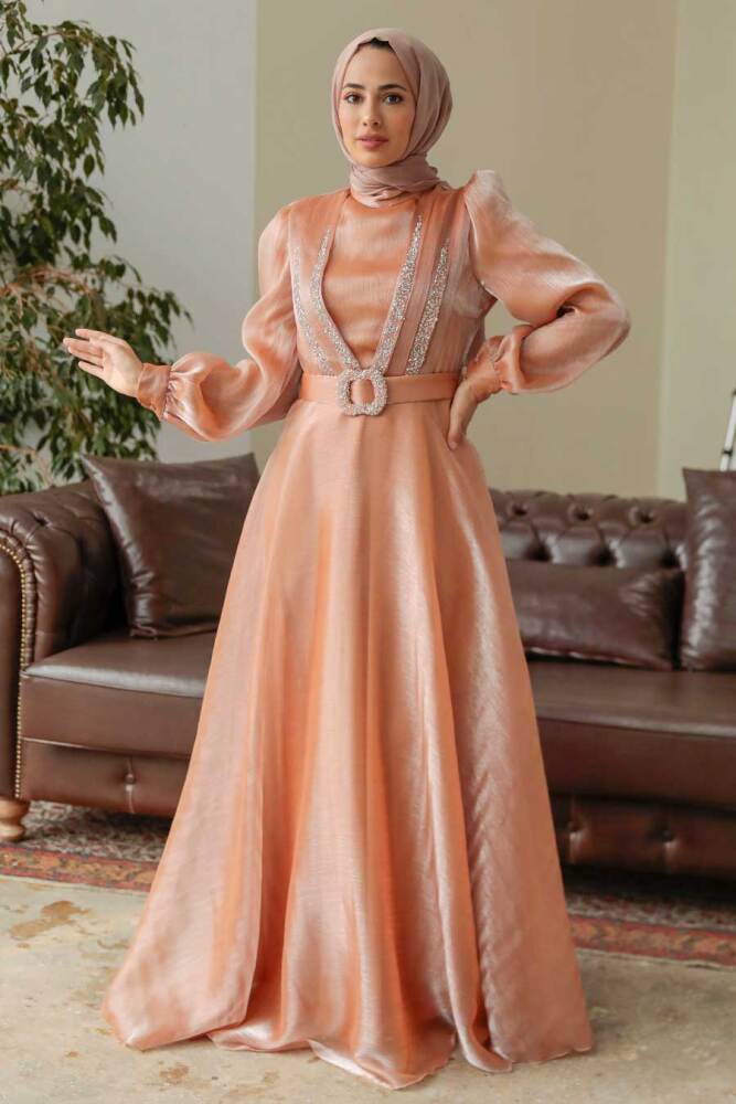 Neva Style - Elegant Biscuit Hijab Evening Dress 36831BS - 3