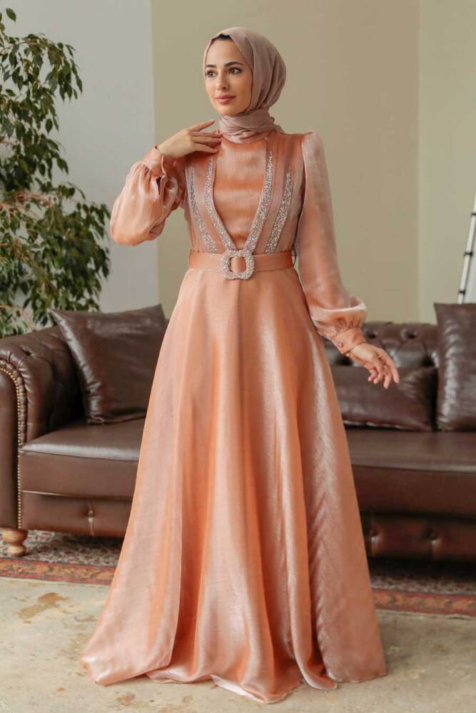 Neva Style - Elegant Biscuit Hijab Evening Dress 36831BS - 2
