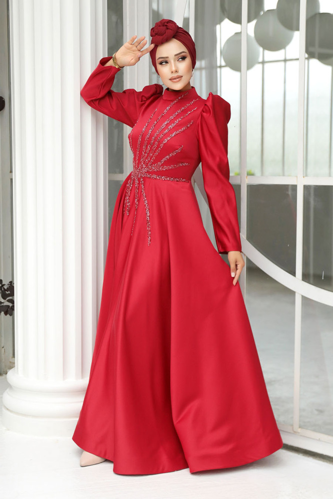 Neva Style - Elegant Claret Red Hijab Wedding Dress 2265BR - 2