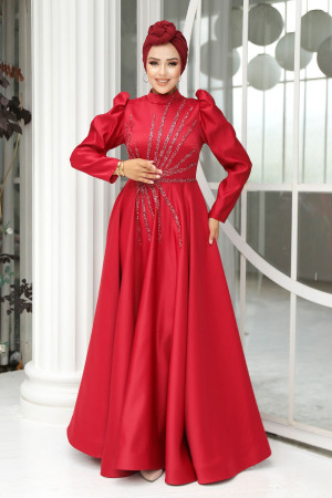 Neva Style - Elegant Claret Red Hijab Wedding Dress 2265BR - 3