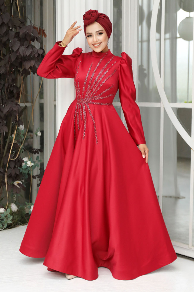 Neva Style - Elegant Claret Red Hijab Wedding Dress 2265BR - 4