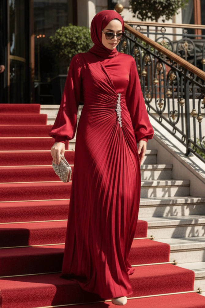 Elegant Claret Red Islamic Bridesmaid Dress 3933BR - 1