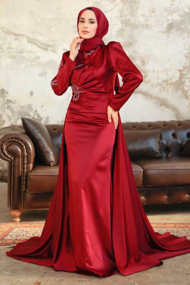 Neva Style - Elegant Claret Red Modest Evening Gown 22881BR - 2